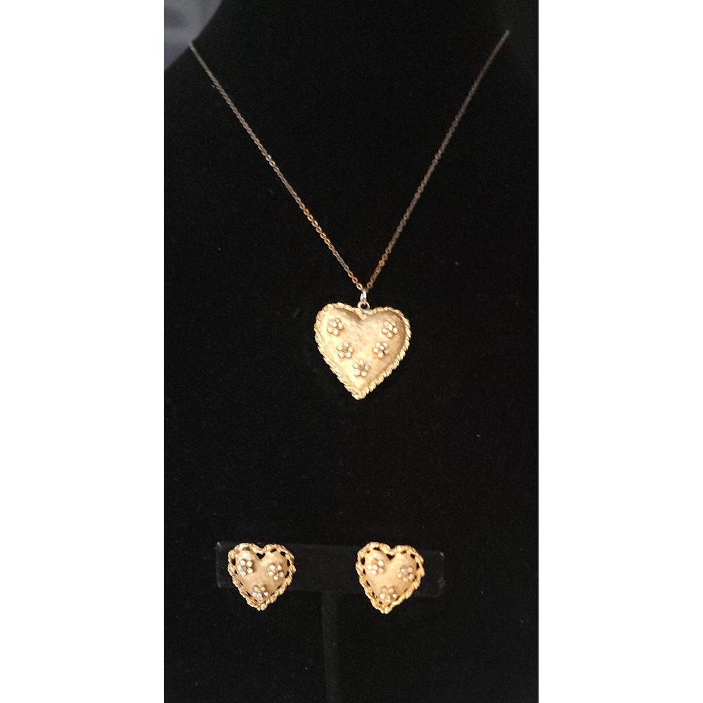 VTG Kramer of NY Heart Gold Tone Rhinestone Double Sided Necklace Earrings READ